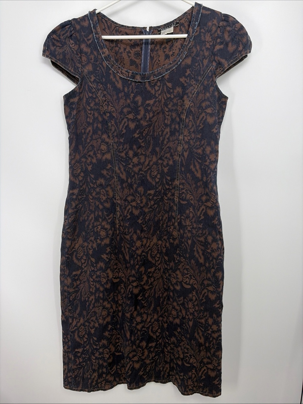 Peruvian Connection Brown Denim & Blue Burn Out Cap Sleeve Dress Sz 10